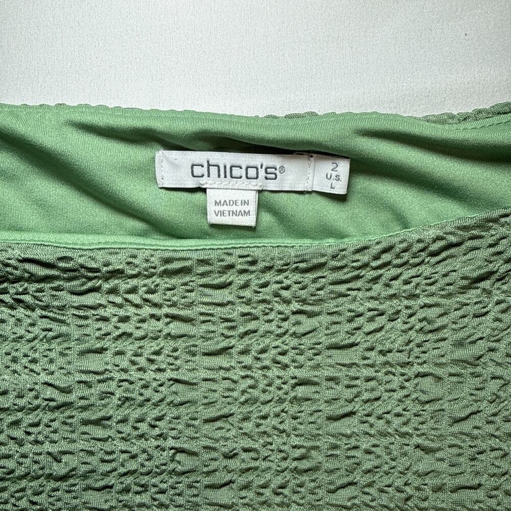 Chicos 2 Long Sleeve Round Neck Textured Stretch Green Blouse Womens Size L EUC - Picture 2 of 10